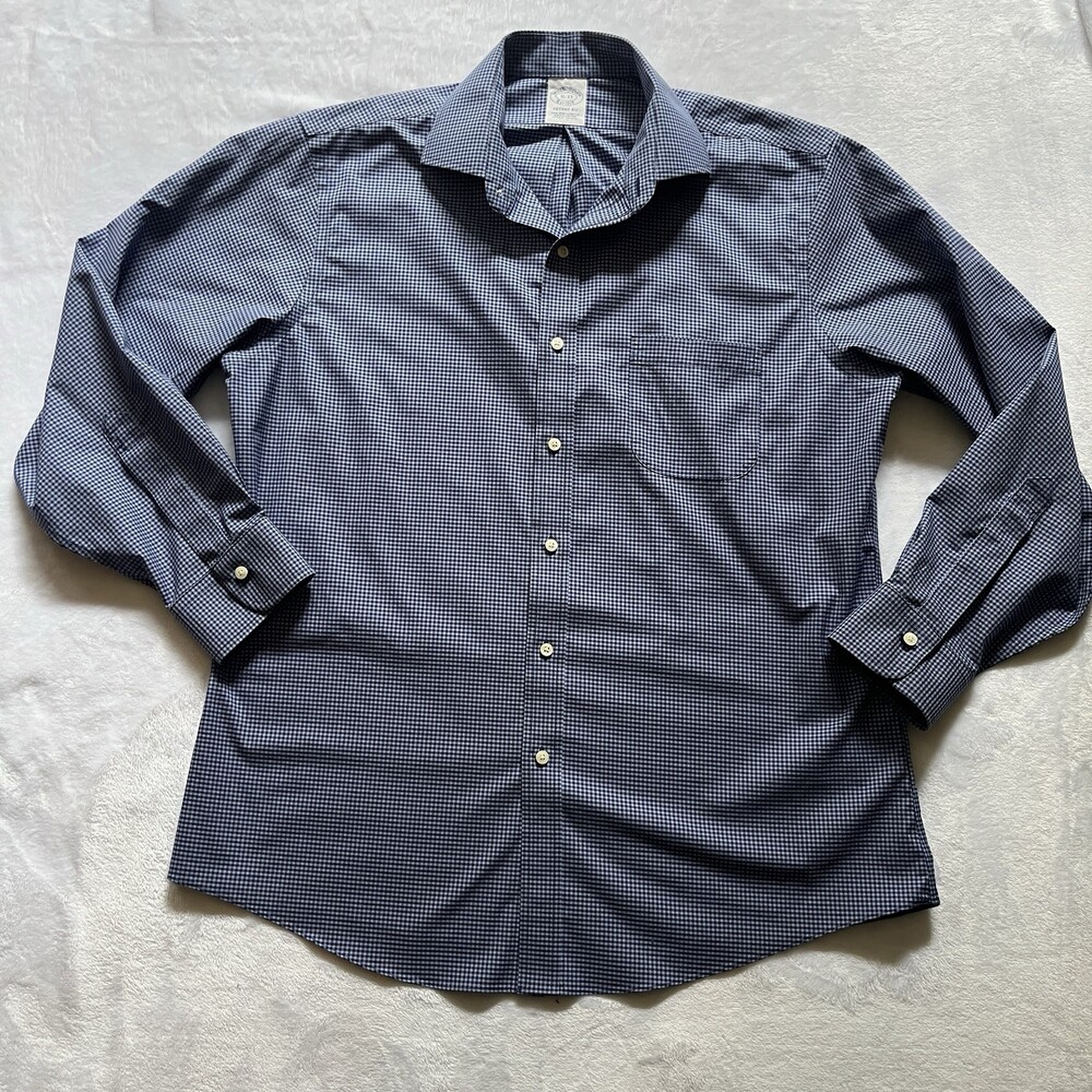 Brooks Brothers 1818 Supima Cotton Stretch Dress Shirt Mens 16 Navy Gingham